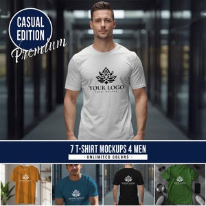Peut inclure: Maquette de t-shirt blanc avec un logo floral noir et le texte "YOUR LOGO YOUR, MOCKUP". L'image comprend également le texte "CASUAL EDITION Premium" et "7 T-SHIRT MOCKUPS 4 MEN - UNLIMITED COLORS". D'autres maquettes de t-shirts de différentes couleurs sont présentées.