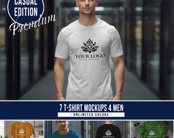 Pacote com 7 Mockups de Camisetas | Masculino | Frente, Verso, Cabide, Dobrada, Tabela de Tamanhos | Estilo Urbano | Edição de Cores Ilimitada | PSD + JPEG