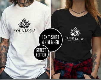 May include: A mockup bundle featuring two t-shirts, one white and one black, each with a lotus flower logo and the text "YOUR LOGO". The image includes the text "10X T-SHIRT 4 HIM & HER" and "STREET EDITION". The bottom banner reads "MOCKUP BUNDLE 4 HIM & HER - UNLIMITED COLORS".