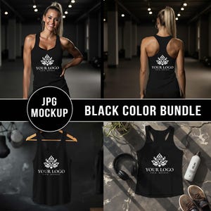 May include: Black tank tops with a white floral logo and the text "YOUR LOGO YOUR MOCKUP". The image includes a mockup with a woman wearing the tank top, a tank top on a hanger, and a tank top with accessories. The text "JPG MOCKUP BLACK COLOR BUNDLE" is also visible.