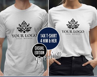 May include: White t-shirts with a black floral logo and the text "YOUR LOGO, YOUR MOCKUP." A circular graphic reads "14X T-SHIRT 4 HIM & HER" and "CASUAL EDITION Premium." The bottom banner says "MOCKUP BUNDLE 4 HIM & HER - UNLIMITED COLORS -."