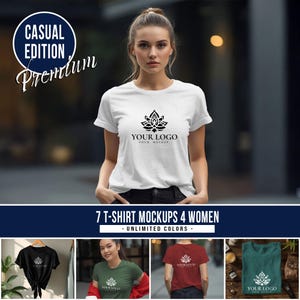 Peut inclure: Un t-shirt blanc avec un logo floral noir et le texte "YOUR LOGO YOUR MOCKUP". L'image comprend également le texte "CASUAL EDITION Premium" et "7 T-SHIRT MOCKUPS 4 WOMEN - UNLIMITED COLORS - ".