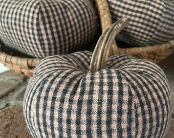 Handmade Pumpkin - Antique  Quilt Back, Black Checked Textile Primitive Pumpkin with Real Stem