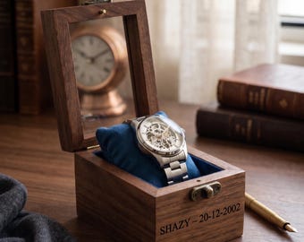 Personalized Handmade Wooden Watch Box with Glass Display, Luxury Watch Organizer Case for 1-12 Watches, Engraved Watch Storage Gift for Men