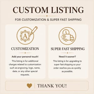 May include: A beige graphic with dark brown text reading CUSTOM LISTING FOR CUSTOMISATION & SUPER FAST SHIPPING. Two boxes feature icons of a pencil with the letter A and a delivery truck with a clock. Text explains options for engraving and shipping.