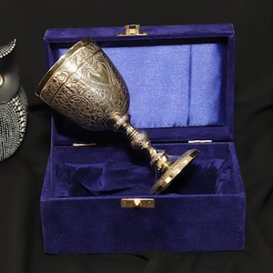 Engraved Brass Goblet Chalice – Medieval Renaissance Wine Cup with Velvet Box