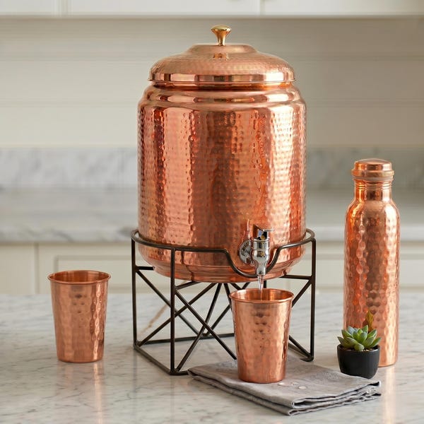 Pure Copper Hammered Set with Water Dispenser, Copper Bottle, and Tumblers, Rustic Kitchen Decor, Vintage Style Copper Set