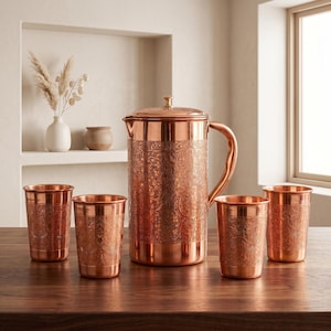Handcrafted Pure Copper Pitcher & Tumbler Set, Ayurvedic Water Jug with 4 Copper Glasses, Engraved Luxury Drinkware Set