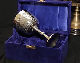 Silver Engraved Goblet – Vintage Medieval Chalice Cup, Renaissance Wine Goblet (Velvet Box)