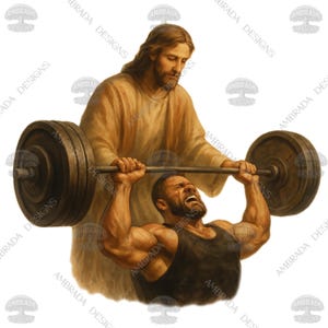 May include: An illustration depicts a muscular man lifting a barbell with assistance from a figure resembling Jesus. The man strains with effort, while the other figure provides support. The image has a religious theme.