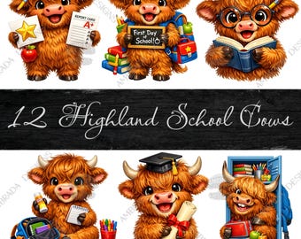 12 Cute Highland Cow School PNG Bundle Digital Download, Classroom Teacher Student Sublimation DIY, Children Kids Nursery School Wall Art