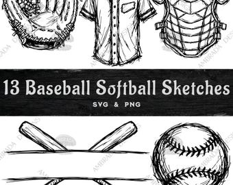 13 Baseball Softball Sketches SVG PNG Bundle Digital Download, Hand Drawn Sports Clipart, Bat Ball Glove Jersey Hat Helmet Catcher Gear