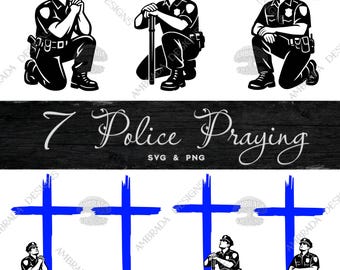 7 Fallen Police Officers Praying SVG PNG Bundle Digital Download , Thin Blue Line Cross, Christian Police Wall Art, DIY Sublimation Cricut