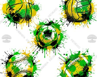 Green & Gold Yellow Sports Balls Paint Splatter SVG PNG Bundle | Football Soccer Basketball Volleyball Baseball Clipart Digital Download