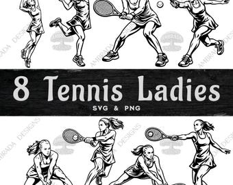8 Tennis Ladies SVG PNG Bundle Digital Download, Female Tennis Player Clipart, Girl Sports Vector, Cricut Cut Files, Serve Backhand Forehand