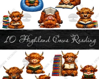10 Cute Highland Cows Reading Clipart PNG Bundle, Whimsical Book Lover Cow Clipart, Highland Cow School Classroom PNG