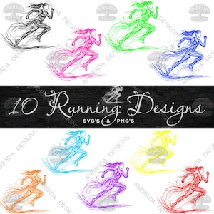 May include: A collection of ten running designs in various colors, including black, pink, green, blue, orange, purple, yellow, and red. The designs feature a stylized runner with flowing lines. The text "10 Running Designs" is displayed.