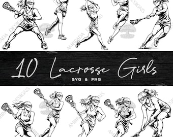 May include: Black and white illustration of ten lacrosse players in action poses. The image includes the text "10 Lacrosse Girls SVG & PNG" in a stylized font. The players are depicted with protective eyewear and holding lacrosse sticks.