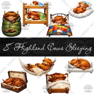 Puede incluir: Ilustración digital con ocho vacas de las Tierras Altas durmiendo en varios escenarios. Las vacas se representan en un saco de dormir, litera, nube, cama, hamaca, maleta, sofá y cama. Se muestra el texto "8 Highland Cows Sleeping".