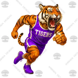 Puede incluir: Ilustración digital de un tigre con un uniforme de baloncesto morado con la palabra "TIGERS" en blanco. El tigre corre con la boca abierta, mostrando sus dientes. El pelaje del tigre es naranja con rayas negras y lleva zapatillas moradas.