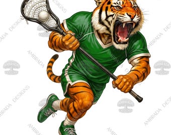 12 Lacrosse Stick Tiger Mascots PNG Bundle Digital Download, Tiger Lacrosse Player Clipart, School Sports Team Mascot, Lacrosse Wall Art