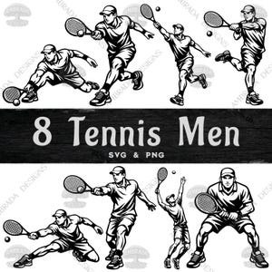 8 Tennis hommes SVG PNG Bundle en téléchargement numérique, Clipart joueur de tennis masculin, vecteur de sport pour garçons, fichiers de coupe Cricut, servir le revers du coup droit