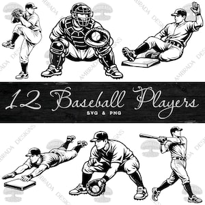 Może przedstawiać: Czarno-biała ilustracja 12 graczy baseballu w różnych pozach akcji. Obraz zawiera miotacza, łapacza, pałkarza i graczy wślizgujących się do baz. Tekst brzmi "12 Baseball Players SVG & PNG".