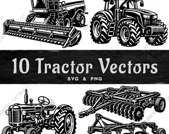 10 Tractor Vectors SVG PNG Bundle Digital Download, Farm Equipment Sketch Clipart, Antique Tractor Implement Tedder Plow Combine Hay Bale