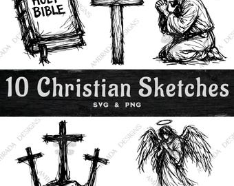 10 Christian Sketch Vector SVG PNG Bundle Digital Download, Cross Crown of Thorns Bible Jesus Prayer Angel Rosary Nail Religious Clipart