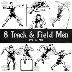 8 atletiek mannen SVG PNG-bundel digitale download, mannelijke atleet clipart, horden lopen polsstokhoogspringen kogelstoten discuswerpen hoogspringen