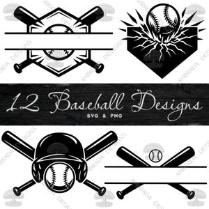 May include: A collection of black and white baseball designs. The image includes bats, baseballs, and a helmet. The text reads "12 Baseball Designs" in a decorative font, with "SVG & PNG" underneath.