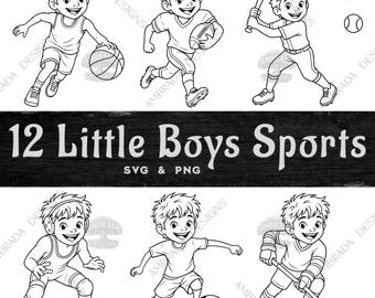 Little Boys Sports Clipart Bundle SVG PNG Digital Download, Kids Athlete, Guys Baseball Football Basketball Soccer Nursery Wall Art Stickers