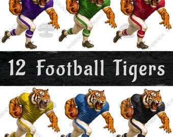 Tigers Football Player Mascot PNG Bundle Digital Download Clipart, Game Day Spirit Wear, Tiger Athlete Team Shirt Design