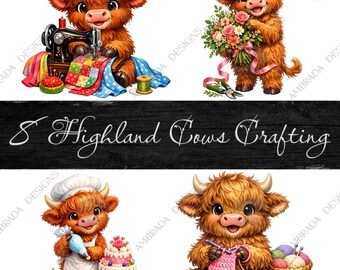 8 Cute Highland Cows Crafting PNG Bundle Digital Download, Sewing Knitting Quilting Crochet Baking Floral Jewelry Cow Clipart Sublimation