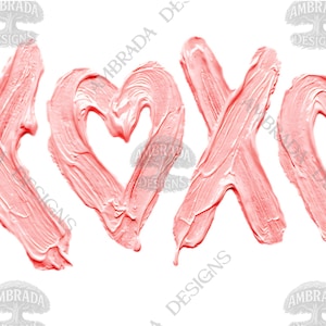 Könnte beinhalten: Rosa XOXO- und Herzsymbole auf weißem Hintergrund gemalt. Die Symbole werden mit dicken Pinselstrichen erstellt, was ihnen ein strukturiertes Aussehen verleiht. Das Design ist ein romantisches oder Valentinstag-Thema.