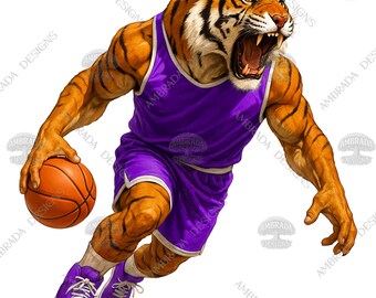 12 Basketball Tiger Mascots PNG Bundle Digital Download – Fierce Animal Sports Clipart, Colorful Team Jerseys, High-Resolution