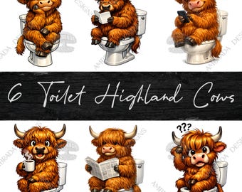 6 Cute Toilet Highland Cows PNG Bundle – Funny Bathroom Cow Clipart, Whimsical Farm Animal Humor, Instant Digital Download