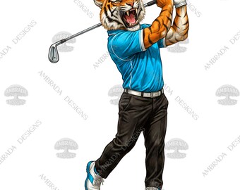 12 Golfing Tiger Mascots PNG Bundle Digital Download – Fierce Tiger Golfer Clipart Set, Sports Team Graphic, Sublimation & T-Shirt Design