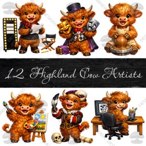 May include: A digital illustration featuring six Highland cows in various artist roles. The image includes a cow reading a script, another holding theater masks, and one working on a pottery wheel. The text "12 Highland Cow Artists" is displayed.