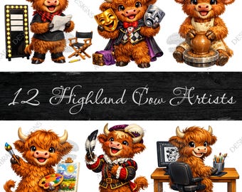 12 Cute Highland Cow Artists PNG Bundle Digital Download, Creative Cow Clipart, Painter Singer Potter Theater Glass Blower Sculpture Sketch
