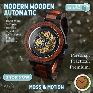 May include: A modern wooden automatic watch with a dark wood grain band and bezel. The watch face is black with visible gears and blue hands. The watch is labeled "MODERN WOODEN AUTOMATIC" and "MOSS & MOTION".