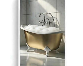 Lámina decorativa de bañera con patas / Arte de pared de lujo para baño / Detalles dorados / Decoración suave y neutra / Colección de lujo para baño / Descarga digital