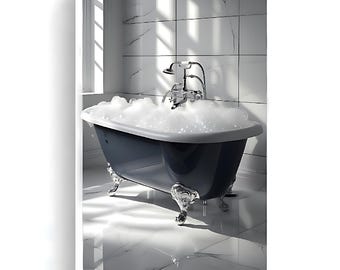Lámina decorativa de bañera con patas / Arte de pared de lujo para baño / Toques en azul marino / Decoración suave y neutra / Colección de lujo para baño / Descarga digital