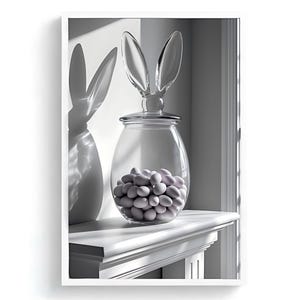 May include: A clear glass jar filled with light gray candies, topped with bunny ears. The jar sits on a white shelf, with the shadow of the bunny ears visible on the wall. The image is in a bright, airy setting.