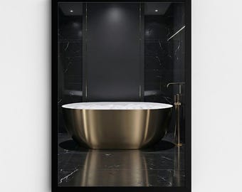 Lámina para bañera / Arte de pared de lujo para baño / Detalles dorados / Decoración en blanco y negro / Colección Bathroom Noir / Descarga digital