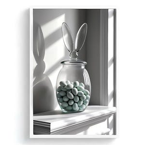 Puede incluir: Un tarro de cristal lleno de caramelos verde pálido, coronado con una tapa en forma de orejas de conejo. El tarro se encuentra sobre una estantería blanca, con sombras que crean un efecto dramático. El tema general es la decoración de Pascua o primavera.