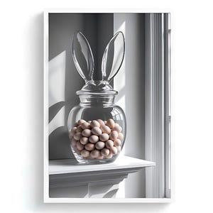 Puede incluir: Un tarro de cristal transparente lleno de pequeños huevos de color marrón claro, coronado con una tapa en forma de orejas de conejo. El tarro está sobre una estantería blanca, con una ventana y sombras en el fondo. La imagen está enmarcada en un borde blanco.