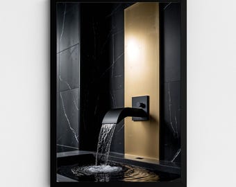 Lámina con diseño de grifo de cascada / Arte de pared de lujo para baño / Detalles dorados / Decoración en blanco y negro / Colección Bathroom Noir / Descarga digital