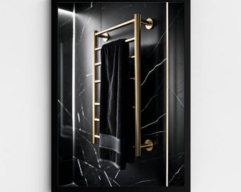 Lámina para toallero / Arte de pared de lujo para baño / Detalles dorados / Decoración en blanco y negro / Colección Bathroom Noir / Descarga digital