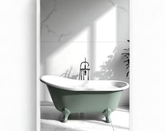 Stampa per vasca da bagno con piedini / Decorazione murale di lusso per il bagno / Accenti verde salvia / Arredamento neutro per spa / Collezione di lusso per il bagno / Download digitale